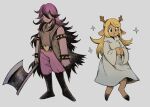  2girls animal_ears antlers armlet axe black_boots black_jacket blonde_hair boots bracelet colored_skin commentary deer_antlers deer_ears deer_girl deltarune english_commentary hair_over_eyes highres holding holding_axe hooded_robe hooves horns jacket jewelry kuropin long_hair multiple_girls noelle_holiday noelle_holiday_(dark_world) pants purple_hair purple_pants purple_skin reptile_girl robe sleeveless sleeveless_jacket spiked_armlet spiked_bracelet spikes susie_(dark_world)_(deltarune) susie_(deltarune) utdr_(toby_fox) white_robe 