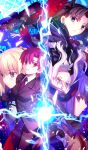 5girls artoria_pendragon_(fate) bazett_fraga_mcremitz blonde_hair blue_eyes breasts brown_hair caren_hortensia commentary crossdressing crossdressing_(ftm) earrings fate/grand_order fate/hollow_ataraxia fate_(series) game_cg homurabara_academy_school_uniform jewelry looking_at_viewer matou_sakura mole mole_under_eye multiple_girls official_art purple_eyes purple_hair red_eyes red_hair rotational_symmetry saber_(fate) school_uniform shroud_of_magdalene suit takeuchi_takashi third-party_source tohsaka_rin white_hair yellow_eyes 