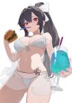  1girl absurdres ass_visible_through_thighs bare_shoulders bikini black_hair bow breasts burger cleavage cowboy_shot cup drinking_glass drinking_straw duplicate expressionless food from_below front-tie_bikini_top front-tie_top hair_bow hand_up high_ponytail highres holding holding_cup holding_food hurricane_glass illien_(illien) large_breasts long_hair looking_at_viewer miniskirt mouth_hold nail_polish navel nbee_ya off_shoulder open_clothes open_shirt original pink_nails ponytail red_eyes see-through_clothes see-through_shirt see-through_skirt shirt side-tie_bikini_bottom simple_background skirt solo spaghetti_strap stomach strap_slip string_bikini swimsuit thighs tropical_drink very_long_hair wet white_background white_bikini 