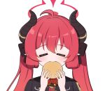  1girl =_= absurdres black_jacket blue_archive burger demon_horns eating fangs food halo highres holding holding_food horns jacket junko_(blue_archive) long_hair military_uniform necktie pointy_ears red_hair red_halo red_necktie simple_background solo tonghua_sakana twintails white_background 