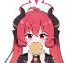  1girl absurdres ahoge black_jacket blue_archive burger crying crying_with_eyes_open demon_horns eating fangs food halo highres holding holding_food horns jacket junko_(blue_archive) long_hair military_uniform necktie pointy_ears red_eyes red_hair red_halo red_necktie simple_background solo tears tonghua_sakana twintails white_background 