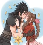  1boy 1girl aerith_gainsborough armor bangle belt black_gloves black_hair bracelet braid braided_ponytail brown_hair couple cowboy_shot crylin6 dress english_commentary falling_petals final_fantasy final_fantasy_vii final_fantasy_vii_remake from_side gloves green_eyes hand_on_another&#039;s_cheek hand_on_another&#039;s_face highres jacket jewelry kiss kissing_nose long_hair looking_at_another multiple_belts petals pink_dress ponytail profile red_jacket ribbed_sweater shoulder_armor sleeveless sleeveless_turtleneck spiked_hair sweater turtleneck turtleneck_sweater yellow_petals zack_fair 