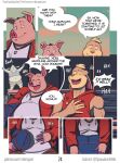 abe_(mikrogoat) anthro basil_(mikrogoat) blonde_hair clothing comic dialogue domestic_pig duo english_text fur hair hi_res horn imagination lagomorph laugh leporid male male/male mammal mikrogoat muscular muscular_male navel obese obese_anthro obese_male outside overweight overweight_anthro overweight_male pink_body pink_fur pink_skin rabbit shirt smile speech_bubble suid suine sus_(pig) tank_top text topwear url
