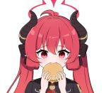  1girl absurdres black_jacket blue_archive burger demon_horns eating fangs food halo highres holding holding_food horns imminent_crying jacket junko_(blue_archive) long_hair military_uniform necktie pointy_ears red_eyes red_hair red_halo red_necktie simple_background solo tears tonghua_sakana twintails white_background 