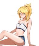  1girl :/ bandeau bare_arms bare_shoulders blonde_hair breasts closed_mouth commentary denim denim_shorts english_commentary english_text fate/apocrypha fate_(series) hhiikyo highres legs looking_at_viewer medium_hair midriff mordred_(fate) mordred_(memories_at_trifas)_(fate) navel ponytail short_shorts shorts simple_background small_breasts solo thighs torn_clothes torn_shorts white_background white_bandeau 