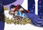  1boy 1girl aerith_gainsborough aurora_(disney) aurora_(disney)_(cosplay) black_hair blue_dress brown_hair cape closed_eyes commentary cosplay couple crisis_core_final_fantasy_vii cross_scar dress facing_another final_fantasy final_fantasy_vii flower holding_hands huosheanng long_hair lying on_back phillip_(disney) phillip_(disney)_(cosplay) pillow red_cape scar scar_on_cheek scar_on_face sleeping sleeping_beauty_(disney) symbol-only_commentary yellow_flower zack_fair 