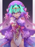  absurdres alternate_costume antenna_hair bare_shoulders bow chain chain_headband choker circlet clothing_cutout crazy_eyes detached_sleeves diamond_cutout elbow_gloves eyebrows_hidden_by_hair facing_viewer fate/grand_order fate_(series) frilled_leotard frills frown gloves gold_circlet gold_ring gradient_background gradient_hair green_hair hair_bow hair_ears heart-shaped_gem highleg highleg_leotard highres holding holding_wand horrified kibinago_(kibinago614) large_hat leotard locusta_(fate) looking_at_viewer magic magical_girl multicolored_hair mushroom mushroom_earrings mushroom_hat navel_cutout pink_bow pink_gloves pink_ribbon puffy_short_sleeves puffy_sleeves purple_choker purple_hair raised_eyebrows ribbon see-through_cleavage see-through_clothes sharp_teeth short_hair short_sleeves simple_background sparkle sparkling_eyes sweatdrop teeth two-tone_hair variant_set wand white_leotard 