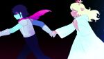  1girl 1other absurdres animal_ears antlers armor blonde_hair blue_eyes blue_hair blue_skin cape colored_skin commentary deer_antlers deer_ears deer_girl deltarune firemauer furry furry_female hashtag-only_commentary highres holding_hands horns jewelry kris_(dark_world)_(deltarune) kris_(deltarune) noelle_holiday noelle_holiday_(dark_world) pink_cape ring robe running short_hair tears thorn_ring_(deltarune) thumbnail_collage utdr_(toby_fox) weird_route_(deltarune) white_robe 