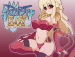  1girl adapted_costume animal_around_neck bandeau black_thighhighs blonde_hair blunt_bangs boots braid breasts celia_alde closed_mouth commentary_request covered_nipples elbow_gloves feet_out_of_frame fingerless_gloves fox gloves half_up_braid kageneko large_breasts long_hair looking_at_viewer navel panties professor_(ragnarok_online) ragnarok_online red_background red_bandeau red_boots red_eyes red_gloves red_panties robf smile solo thigh_boots thighhighs underwear 