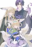  1boy 2girls :d ^_^ absurdres animal_ear_fluff animal_ears arknights bare_shoulders bellflower black_choker black_coat black_gloves black_jacket black_vest blonde_hair blue_hairband bouquet braid braided_hair_rings choker closed_eyes closed_mouth coat collared_shirt colored_bangs dress flower fox_ears fox_girl fox_tail gloves green_eyes grey_eyes hair_rings hairband hand_on_another's_head headpat highres holding holding_bouquet holding_flower infection_monitor_(arknights) jacket kitsune lily_of_the_valley long_hair long_sleeves multicolored_hair multiple_girls multiple_tails necktie nuanpapa open_mouth pink_hair purple_hair purple_skirt red_necktie shirt short_hair simple_background single_wrist_cuff skirt smile standing streaked_hair suzuran's_father_(arknights) suzuran_(arknights) tail vest vulpisfoglia_(arknights) watermark weibo_username weibo_watermark white_background white_hair white_shirt wrist_cuffs yellow_eyes 