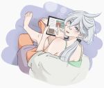  2girls absurdres barefoot blush camisole commentary_request female_pov green_camisole grey_eyes gundam gundam_suisei_no_majo highres holding holding_tablet_pc hug hug_from_behind long_hair looking_at_viewer miorine_rembran multiple_girls open_mouth otsunami pov purple_background shirt short_sleeves smile suletta_mercury tablet_pc toes two-tone_background white_background white_hair white_shirt yuri 