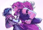  1girl 1other ak4mtsucr armlet armor armored_gloves black_jacket blue_hair blue_skin blush bracelet clothes_grab collar_grab colored_sclera colored_skin commentary deltarune english_commentary furry furry_female highres jacket jewelry kris_(dark_world)_(deltarune) kris_(deltarune) long_hair neckwear_grab other_with_female pants parted_lips purple_hair purple_pants reptile_girl short_hair side_cape sleeveless sleeveless_jacket spiked_armlet spiked_bracelet spikes susie_(dark_world)_(deltarune) susie_(deltarune) utdr_(toby_fox) yellow_sclera 