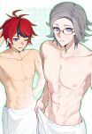  2boys abs absurdres ahoge aotsuki_eito arm_behind_head black_streaks blue_eyes chinese_commentary glasses green_background grey_hair highres hongchen_cheyue looking_at_viewer male_focus multicolored_hair multiple_boys naked_towel nipples one_eye_closed outer_glow purple_eyes red_hair short_hair streaked_hair sumino_takumi sweatdrop the_hundred_line_-last_defense_academy- topless_male towel two-tone_background white_background 