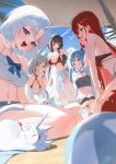  5girls akane_lize animal_ears arahashi_tabi ayatsuno_yuni bare_shoulders bikini bird black_hair blue_eyes blue_hair breasts cat_ears cat_girl cleavage closed_mouth fang grey_hair highres huhi_(huhi_1211) kneeling large_breasts long_hair looking_at_viewer multicolored_hair multiple_girls navel neneko_mashiro open_mouth outdoors red_bikini red_hair seagull shirayuki_hina short_hair sitting smile standing stellive stomach streaked_hair swimsuit symbol-shaped_pupils teeth tongue tongue_out unicorn_girl unicorn_horn upper_teeth_only virtual_youtuber white_bikini 