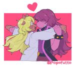  2girls animal_ears antlers black_jacket blush bracelet commentary dancing deer_antlers deer_ears deer_girl deltarune furry furry_female hashtag-only_commentary heart hooded_robe horns jacket jewelry long_hair multiple_girls nanase_(trfok1) noelle_holiday noelle_holiday_(dark_world) open_mouth purple_hair reptile_girl robe sharp_teeth sleeveless sleeveless_jacket smile spiked_bracelet spikes susie_(dark_world)_(deltarune) susie_(deltarune) teeth twitter_username utdr_(toby_fox) very_long_hair white_robe yuri 