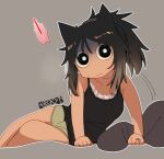  animal_ears chibi deformed dog_ears dog_girl ergot getting_up grey_background grey_nails high_ponytail jewelry light_smile looking_at_viewer lying medium_hair messy_hair on_side original pillow ponytail ring shorts signature simple_background staring strap tank_top thighs threat tina_(ergot) unkempt wedding_ring 