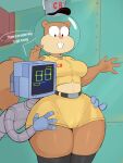 anthro armor bottomwear breasts brown_body brown_fur brown_tail buckteeth clothed clothing curvy_figure dialogue duo english_text eyelashes female female/female fingers fur half-closed_eyes headgear helmet hi_res hip_grab hotpants karen_plankton leg_grab legwear looking_down machine mammal midriff multicolored_body multicolored_fur narrowed_eyes navel nickelodeon robot rodent sandy_cheeks sciurid shorts small_waist spongebob_squarepants stockings tail tan_body tan_fur teeth text thick_thighs thigh_grab thigh_highs tree_squirrel two_tone_body two_tone_fur usnarbit wide_hips 