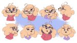 2020 anthro biped canid canine canis clothing domestic_dog eyewear female fur glasses gloves hair handwear hi_res itsdanfango julie_(itsdanfango) long_hair looking_at_viewer mammal multiple_poses open_mouth paws pose solo sweater topwear yellow_body yellow_fur