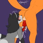 absurd_res anthro ball_suck balls big_breasts big_penis blackbetty blush bodily_fluids breasts butt canid canine cum duo erection fellatio female fox franciene_(tango&#039;s_family) from_behind_position fur genital_fluids genitals hair handjob hi_res lewis_gunn male male/female mammal nude open_mouth oral penile penis penis_milking procyonid raccoon saliva sex simple_background sucking tail text
