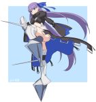  1girl armor armored_boots ass bangs blue_eyes blue_ribbon boots breasts commentary_request eyebrows_visible_through_hair fate_(series) hair_ribbon leg_up long_hair long_sleeves looking_at_viewer meltlilith purple_hair revealing_clothes ribbon shiseki_hirame signature sleeves_past_fingers sleeves_past_wrists small_breasts smile solo standing thighhighs very_long_hair 