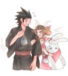  1boy 1girl 7_(milu577610) aerith_gainsborough animal_ears bag bagged_fish black_hair black_kimono blush brown_hair commentary_request couple crisis_core_final_fantasy_vii final_fantasy final_fantasy_vii final_fantasy_vii_remake fish green_eyes hair_up heart height_difference highres holding holding_another&#039;s_arm holding_stuffed_toy japanese_clothes kimono looking_at_another mask mask_on_head obi open_mouth parted_bangs pink_kimono pink_ribbon rabbit_ears ribbon sash sparkle spiked_hair stuffed_toy white_background yukata zack_fair 