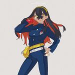  1girl black_hair blue_jacket blue_pants blueberry_academy_school_uniform carmine_(pokemon) closed_mouth colored_inner_hair crossed_bangs fanny_pack gloves hair_between_eyes hairband hand_in_own_hair hand_on_own_hip jacket long_sleeves looking_at_viewer maitainko mole mole_under_eye multicolored_hair pants partially_fingerless_gloves pokemon pokemon_sv red_gloves red_hair school_uniform single_glove solo two-tone_hair yellow_eyes yellow_hairband 