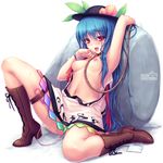  armpits bad_id bad_pixiv_id blue_hair blush boots breasts collar cross-laced_footwear food fruit hand_to_own_mouth hat hinanawi_tenshi lace-up_boots leash legband long_hair masturbation medium_breasts naughty_face navel nipples object_insertion open_clothes open_mouth peach pussy_juice pussy_juice_puddle red_eyes rock rope sayori shimenawa solo sweat tears topless touhou vibrator yellow_eyes 