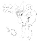 2025 3_toes anthro bent_over big_breasts big_ears breasts canid claws digital_drawing_(artwork) digital_media_(artwork) directional_arrow duo english_text eyebrows eyelashes featureless_breasts feet female female_anthro fingers front_view fur glistening_eyelids hair hand_on_hip hand_on_knee hand_on_leg hi_res hindpaw kemonoci larger_anthro larger_female looking_down looking_down_at_another looking_up_at_another male male/female mammal narrowed_eyes nocimon nude nude_anthro nude_female open_mouth open_smile paws simple_background size_difference smile speech_bubble tail text thick_thighs toe_claws toes white_background