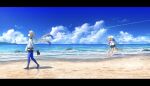  3boys arm_up asagi_futsuka ascot bare_legs barefoot beach belt_pouch bird black_shorts blonde_hair blue_ascot blue_pantyhose captain_nemo_(fate) captain_nemo_(first_ascension)_(fate) closed_eyes closed_mouth cloud collared_shirt colored_tips contrail facing_to_the_side facing_up fate/grand_order fate_(series) from_side hand_up holding holding_shoes holding_stick holding_unworn_clothes light_smile lighthouse long_hair long_sleeves looking_at_another marine_nemo_(fate) multicolored_hair multiple_boys nemo_(fate) ocean open_mouth pantyhose pouch rock running sand shadow shirt shoes short_hair shorts sleeves_rolled_up stick tower twintails unworn_shoes walking white_turban wide_shot 