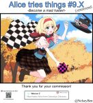  1girl ace_(playing_card) alice_margatroid alternate_costume ankle_boots autumn_leaves black_hat blue_eyes blush bnelsey boots bow bowtie breasts brown_boots brown_corset brown_skirt cape capelet card checkered_cape checkered_clothes cloud commentary commission corset day english_commentary english_text foot_out_of_frame frilled_skirt frills gensokyo_odyssey hairband hat hat_ribbon holding holding_teapot ko-fi_logo large_breasts leaf mad_alice missing_texture_(source) open_mouth outdoors playing_card qr_code red_bow red_bowtie red_hairband red_ribbon request_inset ribbon screenshot_inset short_hair skirt solo teapot top_hat touhou twitter_username unworn_hat unworn_headwear web_address white_capelet 