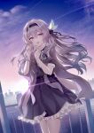  1girl belt belt_around_waist black_belt black_dress black_hairband black_ribbon blue_pupils celtreny dress firefly_(honkai:_star_rail) firefly_(jepella_rebellion)_(honkai:_star_rail) frilled_dress frills gradient_hair grey_hair grey_jacket hair_between_eyes hair_intakes hair_ornament hair_ribbon hairband hand_in_own_hair highres honkai:_star_rail honkai_(series) jacket jacket_on_shoulders long_hair multicolored_eyes multicolored_hair open_clothes open_jacket open_mouth railing ribbon shooting_star smile solo twitter_username 