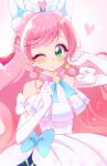  1girl absurdres ascot blue_bow bow braid brooch center_frills commentary crown_braid cure_prism dress dress_bow earrings elbow_gloves frills glove_bow gloves green_eyes hair_bow hand_in_own_hair heart highres hirogaru_sky!_precure jewelry layered_dress light_frown long_hair looking_at_viewer magical_girl nijigaoka_mashiro one_eye_closed parted_lips pink_hair precure side_braids single_earring sleeveless sleeveless_dress solo sugimura_mickey very_long_hair white_ascot white_bow white_dress white_gloves wing_brooch 