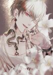  1boy bishounen black_nails earrings fate/grand_order fate_(series) gilgamesh_(fate) highres jewelry looking_at_viewer male_focus multiple_rings open_mouth red_eyes ring sakura_hitsuji snake solo twitter_username upper_body white_lily 
