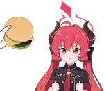  1girl 1other absurdres black_jacket blue_archive burger demon_horns fang food halo highres holding holding_food horns jacket junko_(blue_archive) long_hair military_uniform necktie open_mouth pointy_ears red_eyes red_hair red_halo red_necktie simple_background tonghua_sakana twintails white_background 
