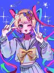  1girl ;d blonde_hair blue_eyes blue_hair blue_serafuku blunt_bangs bow chest_bow chouzetsusaikawa_tenshi-chan chromatic_aberration colored_tips cowboy_shot double_v fang hair_bow hands_up highres looking_at_viewer midriff_peek multicolored_hair multiple_hair_bows needy_girl_overdose one_eye_closed osakana_tarou_(sakana0_03) pink_hair quad_tails saturated school_uniform serafuku skin_fang smile solo v 