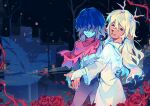  1girl 1other animal_ears antlers armor black_nails blonde_hair blood blue_hair blue_skin bridal_gauntlets brown_eyes cape capelet cattnipt closed_mouth colored_skin commentary deer_antlers deer_ears deer_girl deltarune english_commentary flower furry furry_female hair_over_one_eye hand_on_another&#039;s_back highres horns jewelry kris_(dark_world)_(deltarune) kris_(deltarune) long_hair noelle_holiday noelle_holiday_(dark_world) pink_cape red_eyes red_flower red_rose ring robe rose side_cape thorn_ring_(deltarune) thorns utdr_(toby_fox) weird_route_(deltarune) white_capelet white_robe 