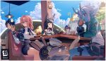  1boy 4girls animal_ear_fluff animal_ears belle_(zenless_zone_zero) black_gloves black_hair black_skirt blue_skin blue_sky blunt_bangs closed_eyes colored_skin dress_shirt eating glasses gloves hair_between_eyes high-waist_skirt highres hoshimi_miyabi long_hair mogurine multiple_girls outdoors pencil_skirt pink_hair shirt short_hair sidelocks sitting skirt sky smile soukaku_(zenless_zone_zero) tsukishiro_yanagi white_hair white_shirt yellow_eyes zenless_zone_zero 