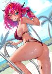  1girl absurdres bikini black_bikini black_bow blue_eyes bow breasts commentary day double_halo front-tie_bikini_top front-tie_top grin hair_bow halo hand_in_own_hair hand_up heterochromia highres himeliofon hololive hololive_english horns irys_(hololive) irys_(holonatsu_paradise)_(hololive) large_breasts layered_bikini looking_at_viewer low_ponytail medium_hair nail_polish official_alternate_costume official_alternate_hairstyle pink_eyes pink_nails pointy_ears ponytail pool_ladder purple_bikini purple_hair red_hair sideboob smile solo star-shaped_pupils star_(symbol) star_halo swimsuit symbol-shaped_pupils virtual_youtuber wet 