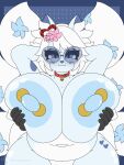3:4 6_tails accessory anthro arctic_fox areola bell bell_collar big_areola big_breasts big_nipples blue_areola blue_body blue_breasts blue_ears blue_eyes blue_fur blue_inner_ear blue_nipples blue_nose breast_grab breast_squish breasts canid canine collar disembodied_hand eyeliner female first_person_view flower flower_in_hair flowers_in_fur fox freckled_face freckles fur fur_markings hair hair_accessory hand_on_breast hands_behind_head hi_res inner_ear_fluff long_hair looking_at_viewer makeup mammal markings multi_tail nipple_piercing nipples piercing plant shinychaonsfw simple_background slightly_chubby solo squish tail tattoo thick_thighs true_fox tuft valerie_(shinychao) white_body white_fur white_hair