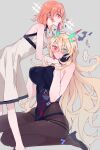  2girls aqua_eyes bare_shoulders barghest_(fate) barghest_(second_ascension)_(fate) bishie_sparkle black_dress black_gloves black_shoes blonde_hair blush breasts brown_pantyhose closed_mouth dress earrings fate/grand_order fate_(series) fujimaru_ritsuka_(female) fujimaru_ritsuka_(female)_(waltz_in_the_moonlight/lostroom) gloves grey_background hair_between_eyes hand_on_another&#039;s_cheek hand_on_another&#039;s_face hands_on_own_chest heart heterochromia high_heels jewelry large_breasts long_hair looking_at_another looking_at_viewer mizuki_(mz) multiple_girls orange_eyes orange_hair pantyhose pelvic_curtain red_eyes seiza shoes simple_background sitting sleeveless sleeveless_dress speech_bubble sweat very_long_hair white_dress wide-eyed yuri 