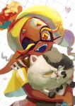  1girl absurdres artist_name colored_eyelashes commentary_request dark-skinned_female dark_skin earrings frye_(splatoon) grid_background hair_ornament heart highres hug inkling jewelry judd_(splatoon) long_hair long_pointy_ears looking_at_viewer manma_628 multicolored_hair multiple_earrings one_eye_closed open_mouth pointy_ears purple_hair short_eyebrows smile splatoon_(series) splatoon_3 teeth tentacle_hair thick_eyebrows tooth_earrings twitter_username two-tone_hair upper_teeth_only white_background x_hair_ornament 