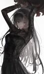  1girl black_dress black_eyes black_hair black_sleeves blood blood_on_cheek blood_on_face blood_on_weapon circular_saw dress fishnet_sleeves fishnets highres holding holding_weapon kotowaza long_hair long_sleeves looking_at_viewer osaragi_(sakamoto_days) outstretched_arms parted_lips sakamoto_days saw simple_background solo veil very_long_hair weapon white_background white_veil 