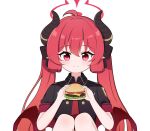  1girl absurdres black_jacket blue_archive burger closed_mouth demon_horns food halo highres holding holding_food horns jacket junko_(blue_archive) knees legs long_hair military_uniform necktie pointy_ears red_eyes red_hair red_halo red_necktie simple_background solo tonghua_sakana twintails white_background 