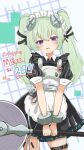  1girl adapted_costume apron bangboo_(zenless_zone_zero) belt black_dress blush circular_saw commentary_request corin_wickes dress green_hair hair_between_eyes highres holding kurone_sc long_hair looking_at_viewer maid maid_headdress open_mouth puffy_short_sleeves puffy_sleeves purple_eyes saw screw_hair_ornament short_sleeves solo thigh_strap twintails white_apron zenless_zone_zero 
