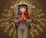  1girl ajirogasa aoiueo12 black_hair bodhisattva braid brown_background brown_hat closed_mouth clothes_writing commentary dress earrings grey_dress hat jewelry long_earlobes long_hair looking_at_viewer own_hands_clasped own_hands_together red_eyes smile solo staff standing touhou twin_braids yatadera_narumi 