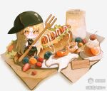  1girl backwards_hat black_pants black_shirt blonde_hair blueberry blush cherry chibi chibi_only closed_mouth cream cup egg_(food) fanqie_dawang_vv food fork fruit full_body green_hat hat holding holding_fork hot_dog lettuce long_hair looking_at_viewer mihuashi_username orange_eyes original pants pudding sausage shirt simple_background sitting sleeveless sleeveless_shirt solo very_long_hair white_background 
