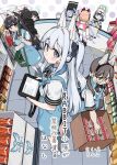  6+girls airi_(blue_archive) aisle angel&#039;s_24_uniform_(blue_archive) animal_ear_hairband animal_ear_headphones animal_ears apron black_bow black_bowtie black_hair blonde_hair blue_apron blue_archive blue_eyes blush bow bowtie box brown_eyes brown_hair cardboard_box cash_register commentary_request convenience_store cover cover_page cup_ramen donbei_kitsune_udon donbei_tempura_soba dress employee_uniform fake_animal_ears fisheye from_above glasses hair_ribbon hairband halo headphones headset highres holding holding_tablet_pc instant_ramen instant_soba instant_udon kazusa_(blue_archive) leaf leaf_on_head long_hair low_ponytail miyako_(blue_archive) miyu_(blue_archive) moe_(blue_archive) momoi_(blue_archive) multiple_girls nissin_chicken_ramen nissin_cup_noodle nissin_donbei one_side_up open_box pack_noodles ponytail purple_eyes rabbit_ear_hairband rabbit_ear_headphones rabbit_ears rabbit_platoon_(blue_archive) ranf red_eyes ribbon saki_(blue_archive) shoes shop signature striped_bow striped_bowtie striped_clothes tablet_pc tile_floor tiles translation_request white_hair white_shoes yoshimi_(blue_archive) 