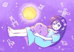  1girl aubrey_(headspace)_(omori) aubrey_(omori) barefoot blue_shirt blush bow colored_skin double-parted_bangs hair_bow highres holding holding_stuffed_toy long_hair long_shirt mr._plantegg_(omori) okotahanukui omori open_mouth pink_bow purple_eyes purple_hair shirt short_sleeves solo stuffed_eggplant stuffed_toy twitter_username white_skin 