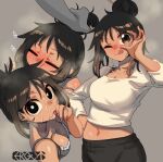  1girl :p belly bra breasts cum cum_on_body ergot facial grey_background grey_nails hair_bun holding_another&#039;s_hair implied_after_fellatio implied_fellatio jewelry licking licking_own_finger lingerie looking_at_viewer medium_breasts medium_hair messy_hair multiple_views navel one_eye_closed original ring signature simple_background sound_effects stray_pubic_hair tina_(ergot) tongue tongue_out underwear wedding_ring 