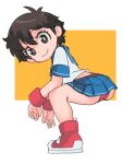  1girl ass black_hair blue_sailor_collar breasts brown_eyes brown_hair buruma buruma_under_skirt fingerless_gloves gloves headband highres kasugano_sakura no_headwear okera red_buruma sailor_collar school_uniform serafuku shoes short_hair skirt smile sneakers solo street_fighter wrist_cuffs 